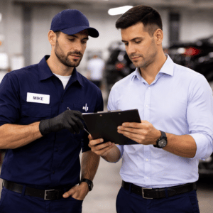 technician and service advisor looking at clipboard together