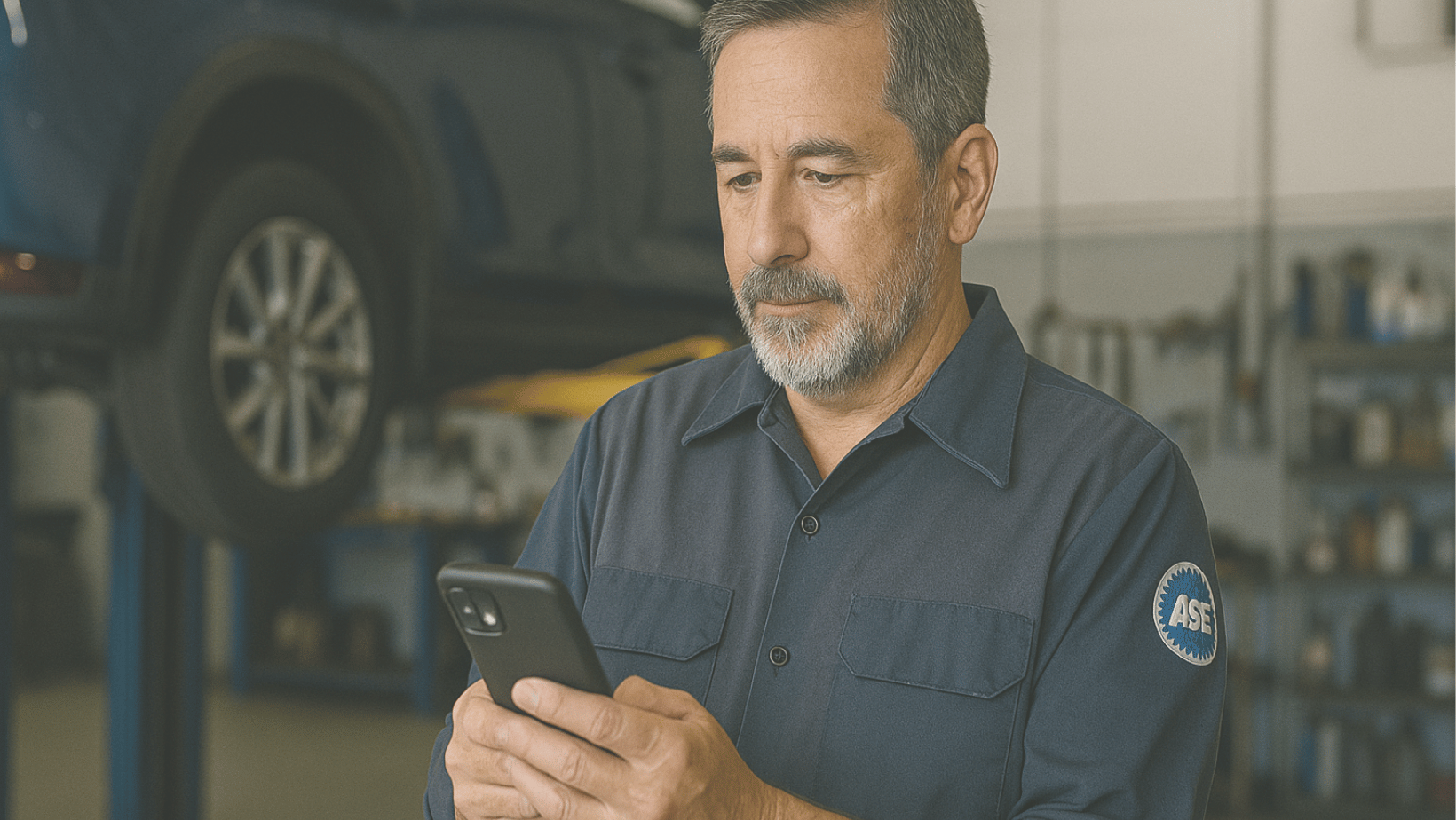 technician looking at phone in a shop bay 
