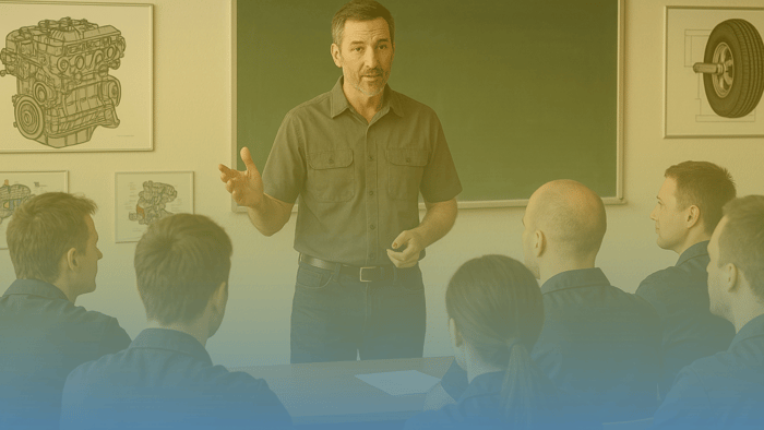 instructor in front of a classroom teaching a group of technicians