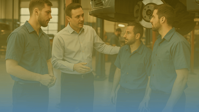 auto shop owner talking with three technicians on a shop floor