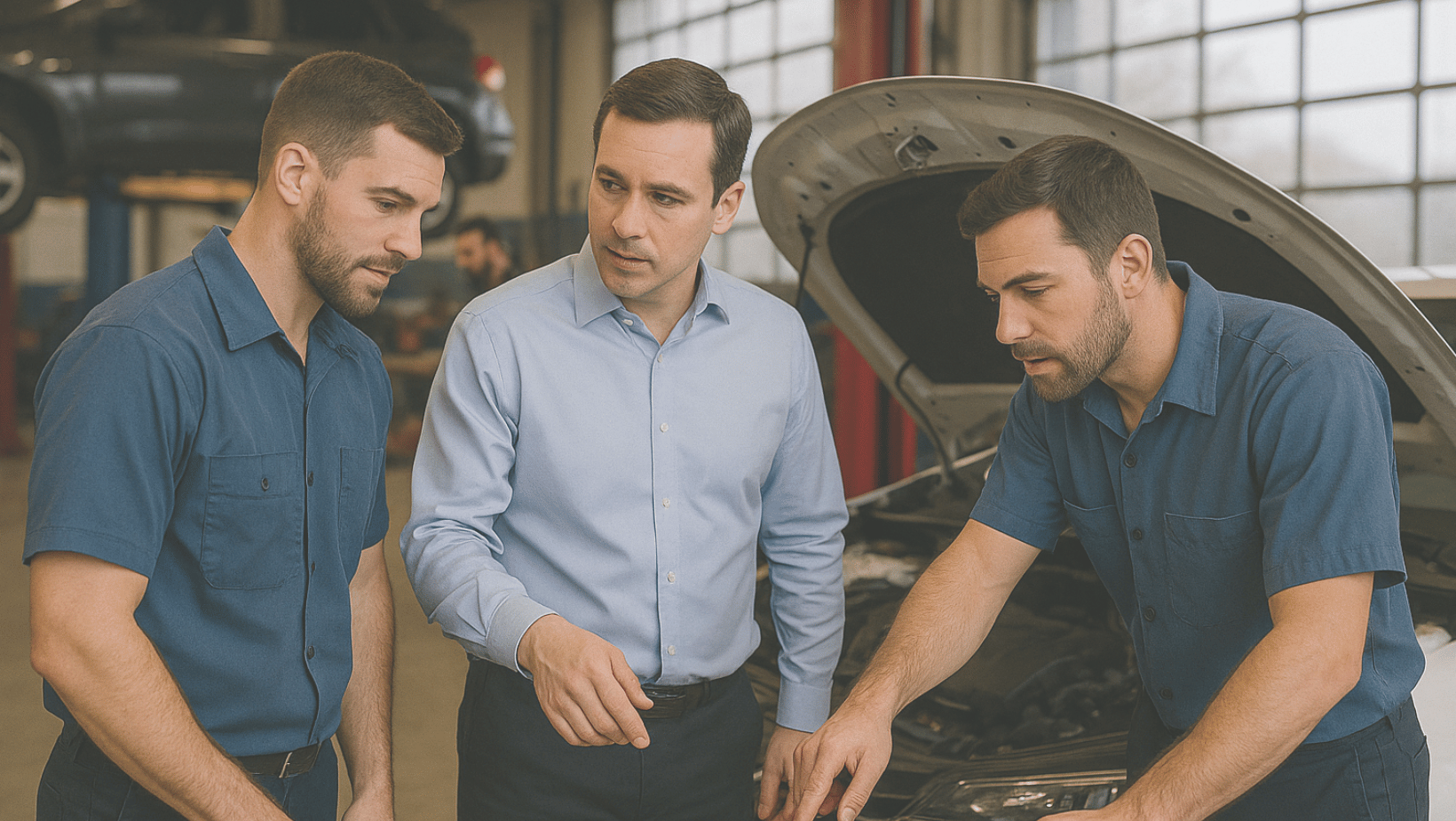 auto shop owner talking with two technicians in front of a car in a shop