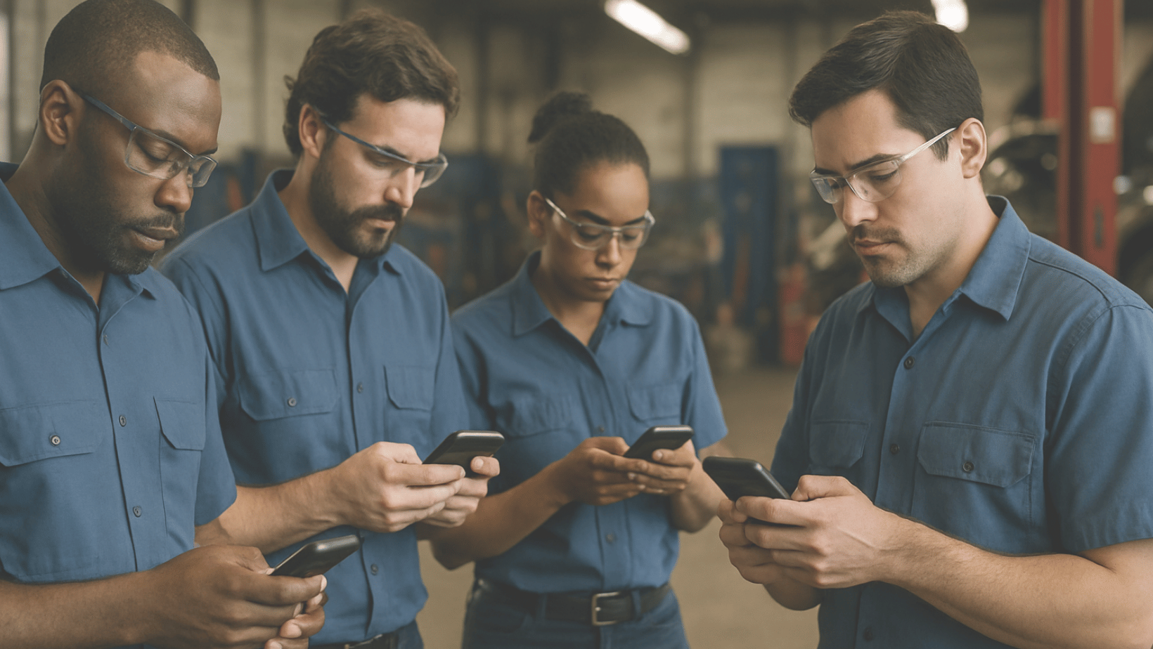 group of four technicians in a shop looking at their phones